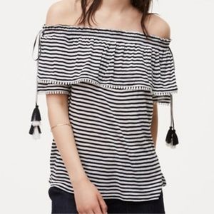 LOFT Off-the-shoulder B&W Striped Top with Tassles